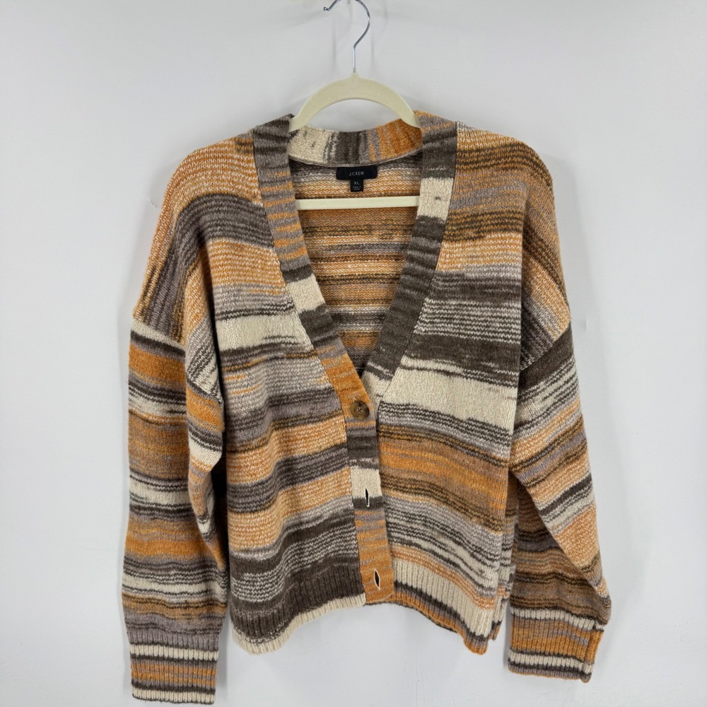 J. Crew Cardigan Sweater Brown Orange XL Wool Blend Fall Oversized Earthy